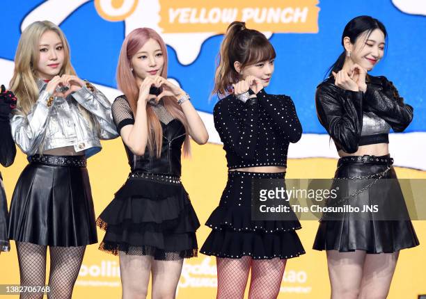 Dahyun, Yeonhee, Sohee, Suyun of Rocket Punch attend the release showcase of Rocket Punch's 4th Mini Album 'YELLOW PUNCH' at Yes24 Live Hall on...