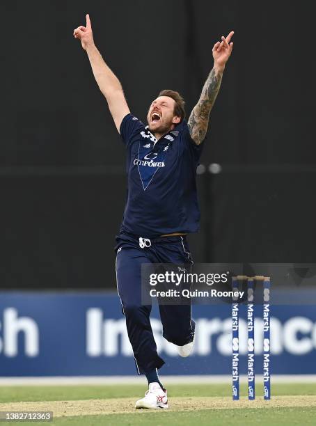 James Pattinson of Victoria appeals for an lbw decision during the Marsh One Day Cup match between Victoria and Western Australia at CitiPower...