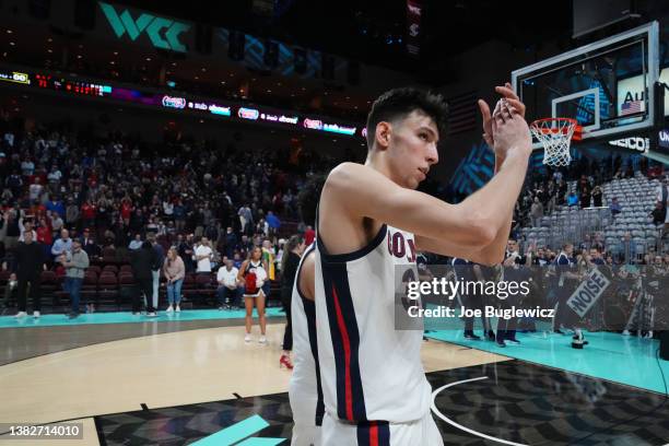 Chet Holmgren of the Gonzaga Bulldogs celebrates following a semifinal game of the West Coast Conference basketball tournament against the San...