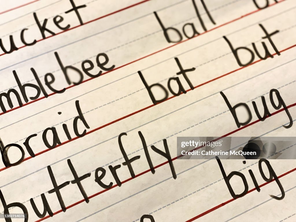 List of words beginning with letter b on oversized lined writing paper