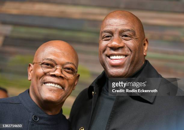 Samuel L. Jackson and Magic Johnson attend the Premiere of Apple TV+'s “The Last Days of Ptolemy Grey” at Regency Bruin Theatre on March 07, 2022 in...