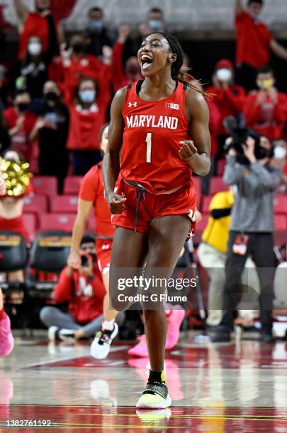 Diamond Miller of the Maryland Terrapins celebrates during the game against the Indiana Hoosiers at Xfinity Center on February 25, 2022 in College...