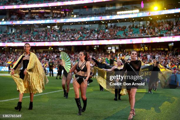 Parade goers march inside the Sydney Cricket Ground during the 44th Sydney Gay and Lesbian Mardi Gras Parade on March 05, 2022 in Sydney, Australia....