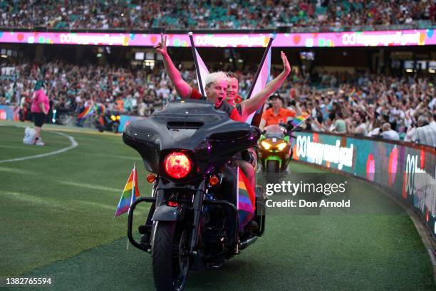 Parade goers ride inside the Sydney Cricket Ground during the 44th Sydney Gay and Lesbian Mardi Gras Parade on March 05, 2022 in Sydney, Australia....