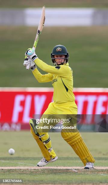 Rachael Haynes of Australia plays a shot during the 2022 ICC Women's Cricket World Cup match between Australia and Pakistan at Bay Oval on March 08,...