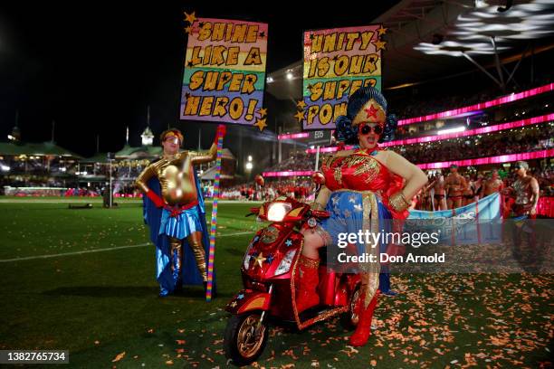 Parade goers march inside the Sydney Cricket Ground during the 44th Sydney Gay and Lesbian Mardi Gras Parade on March 05, 2022 in Sydney, Australia....