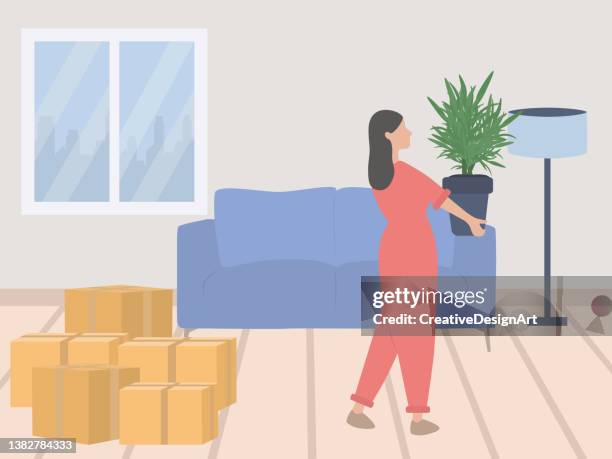 moving house and home relocation concept with cardboard boxes in living room and young woman carrying flower pot - plant pot stock illustrations