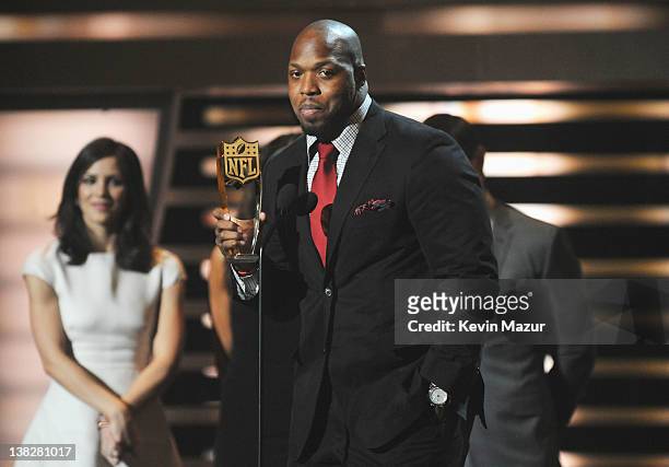 Professional Football Player Terrell Suggs speaks during the 2012 NFL Honors at the Murat Theatre on February 4, 2012 in Indianapolis, Indiana.