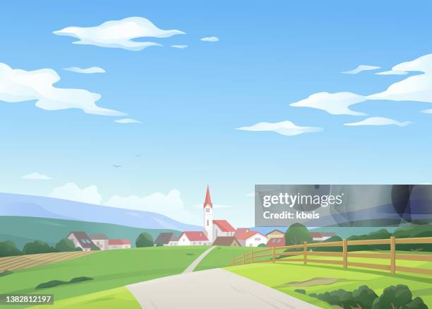 ilustraciones, imágenes clip art, dibujos animados e iconos de stock de camino a un pequeño pueblo - aldea