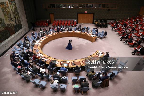 Members of the U.N. Security Council meet to discuss the humanitarian crisis in Ukraine at the United Nations headquarters on March 7, 2022 in New...