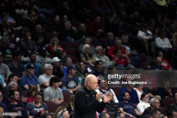 Santa Clara Broncos head coach Herb Sendek cheers his team on against the Saint Mary's Gaels during a semifinal game of the West Coast Conference...