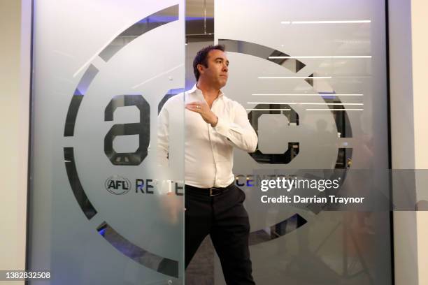 General Manager Football Brad Scott steps out of the AFL Review Centre during an AFL Umpires Training Session at Marvel Stadium on March 08, 2022 in...