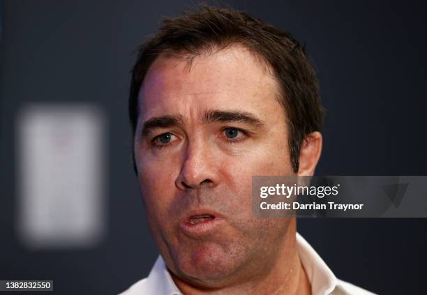 General Manager Football Brad Scott speaks to the media during an AFL Umpires Training Session at Marvel Stadium on March 08, 2022 in Melbourne,...