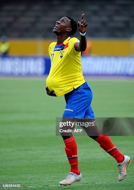 Ecuadorean forward Jaime Ayovi celebrates after scoring the first goal of a Brazil 2014 FIFA World Cup South American qualifier match against...