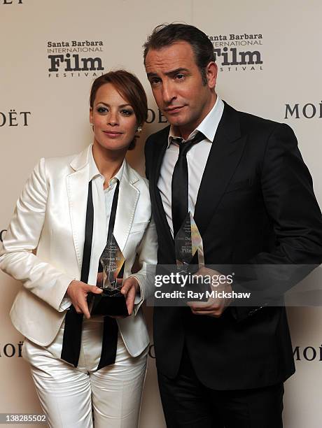 Actors Berenice Bejo and Jean Dujardin backstage at the Cinema Vanguard Award Tribute to Jean Dujardin and Berenice Bejo held at the Arlington...