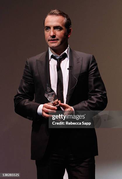 Actor Jean Dujardin on stage at the Cinema Vanguard Award Tribute to Jean Dujardin and Berenice Bejo held at the Arlington Theater on February 4,...