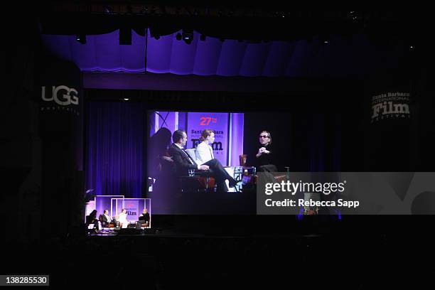 Actors Jean Dujardin, Berenice Bejo and SBIFF Festival Director Roger Durling on stage at the Cinema Vanguard Award Tribute to Jean Dujardin and...