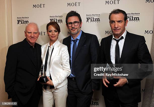 Actors Malcolm McDowell, Berenice Bejo, Director Michel Hazanavicius and Actor Jean Dujardin backstage at the Cinema Vanguard Award Tribute to Jean...