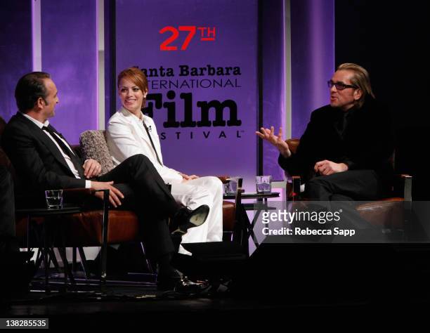 Actors Jean Dujardin, Berenice Bejo and SBIFF Festival Director Roger Durling on stage at the Cinema Vanguard Award Tribute to Jean Dujardin and...