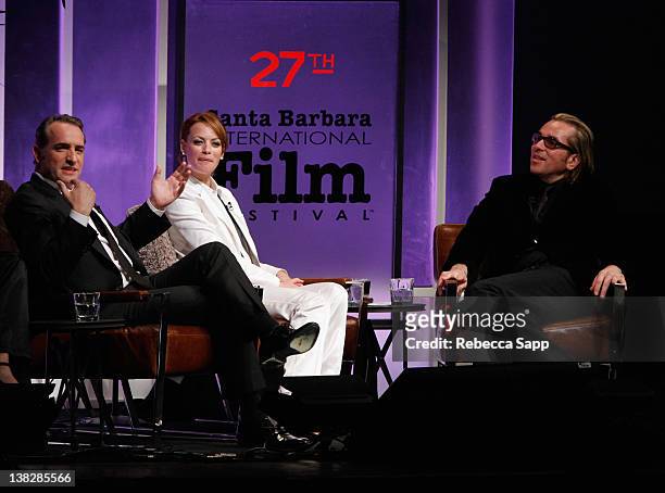 Actors Jean Dujardin, Berenice Bejo and SBIFF Festival Director Roger Durling on stage at the Cinema Vanguard Award Tribute to Jean Dujardin and...