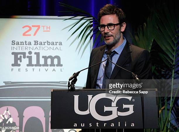 Director Michel Hazanavicius on stage at the Cinema Vanguard Award Tribute to Jean Dujardin and Berenice Bejo held at the Arlington Theater on...