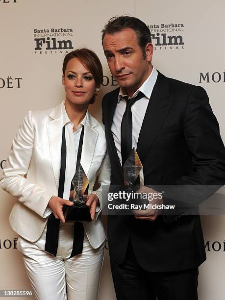 Actors Berenice Bejo and Jean Dujardin backstage at the Cinema Vanguard Award Tribute to Jean Dujardin and Berenice Bejo held at the Arlington...