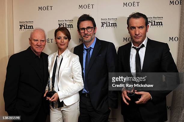 Actors Malcolm McDowell, Berenice Bejo, Director Michel Hazanavicius and Actor Jean Dujardin backstage at the Cinema Vanguard Award Tribute to Jean...