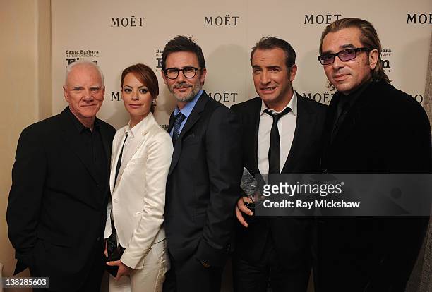 Actors Malcolm McDowell, Berenice Bejo, Director Michel Hazanavicius, Actor Jean Dujardin and SBIFF Festival Director Roger Durling backstage at the...