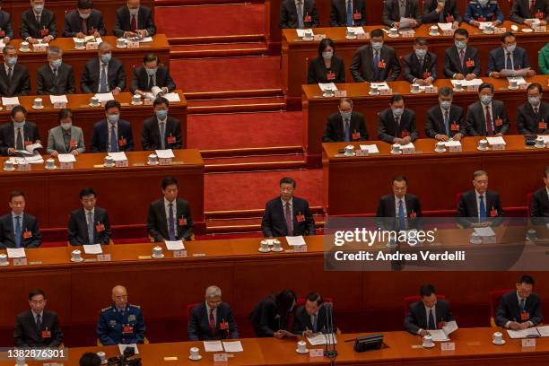 Chinese President Xi Jinping and other attendees are seen inside the Great Hall of the People during the Second Plenary Session of the Fifth Session...