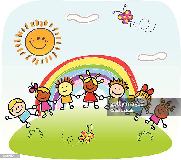 ilustraciones, imágenes clip art, dibujos animados e iconos de stock de happy children holding hands, jugando fuera de primavera, verano naturaleza de historieta - parvulario