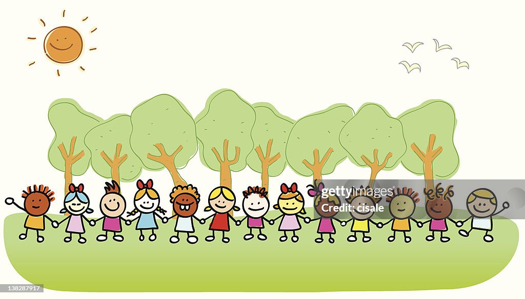 Happy Children Holding Hands Playing Outside Springsummer Nature Cartoon  High-Res Vector Graphic - Getty Images