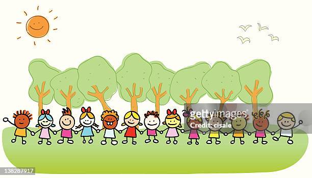 Happy Children Holding Hands Playing Outside Springsummer Nature Cartoon  High-Res Vector Graphic - Getty Images