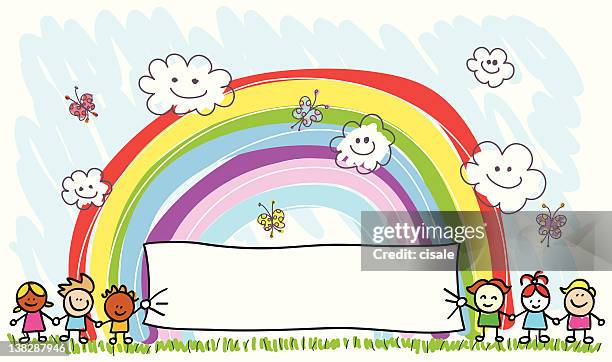 glückliche kinder freunden holding leer banner, frühling, sommer cartoon illustration - rainbow kids stock-grafiken, -clipart, -cartoons und -symbole