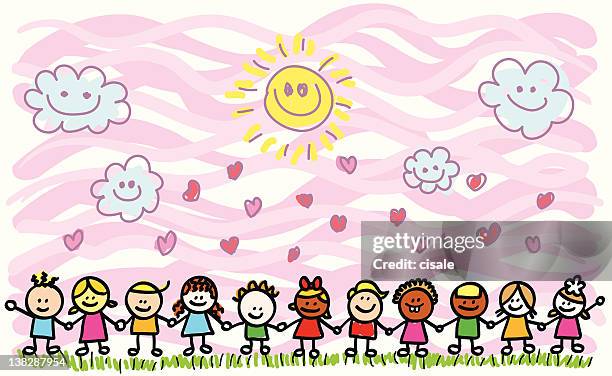 happy children holding hands in nature cartoon - springtime family stock illustrations