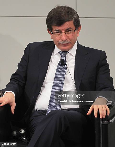 Ahmet Davutoglu, Turkish minister of foreign affairs, participates in a panel discussion during day 3 of the 48th Munich Security Conference at Hotel...