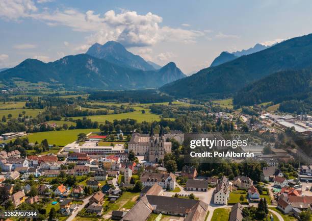 aerial panorama town of admont, austria. admont is a town in the austrian state of styria. it is historically most notable for admont abbey, a monastery founded in 1074. - library of the benedictine monastery of admont stock pictures, royalty-free photos & images