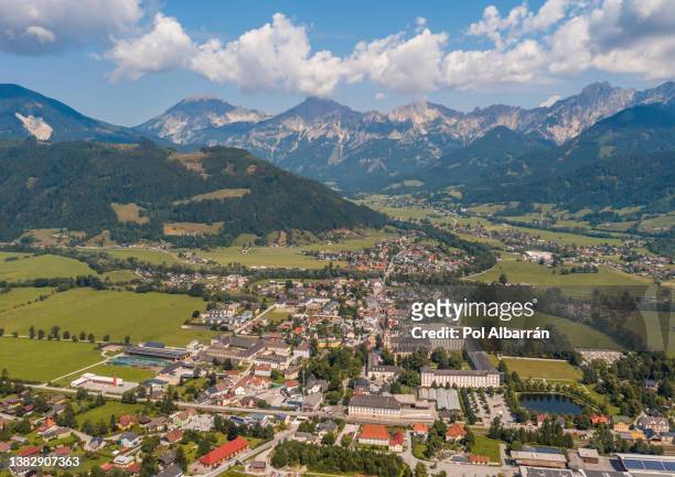 aerial panorama town of admont, austria. admont is a town in the austrian state of styria. it is historically most notable for admont abbey, a monastery founded in 1074. - library of the benedictine monastery of admont stock pictures, royalty-free photos & images