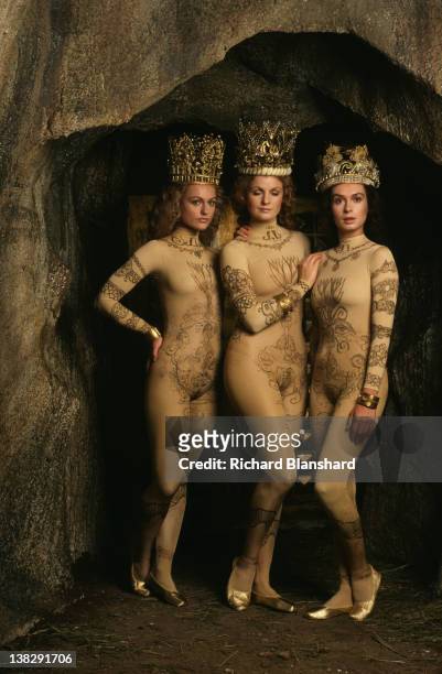 Three women in a scene from the television movie 'Arthur the King', aka 'Merlin and the Sword', 1985.