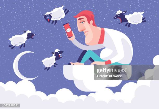 sleepless man sitting on cloud and looking at smartphone with noised lambs surrounding - sleeping sheep stock illustrations