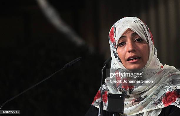 Tawakkul Karman, Nobel peace laureate 2011, delivers a speech during day 3 of the 48th Munich Security Conference at Hotel Bayerischer Hof on...