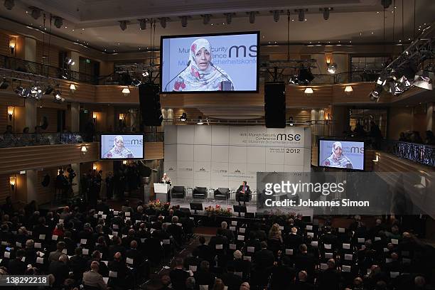 Tawakkul Karman, Nobel peace laureate 2011, delivers a speech during day 3 of the 48th Munich Security Conference at Hotel Bayerischer Hof on...