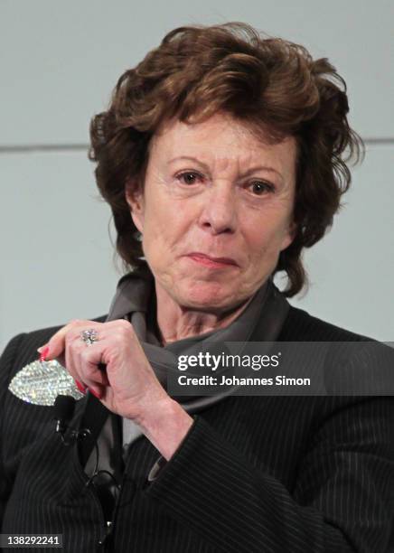 Neelie Kroes, Vice-president of the European commission, participates in a panel discussion during day 3 of the 48th Munich Security Conference at...