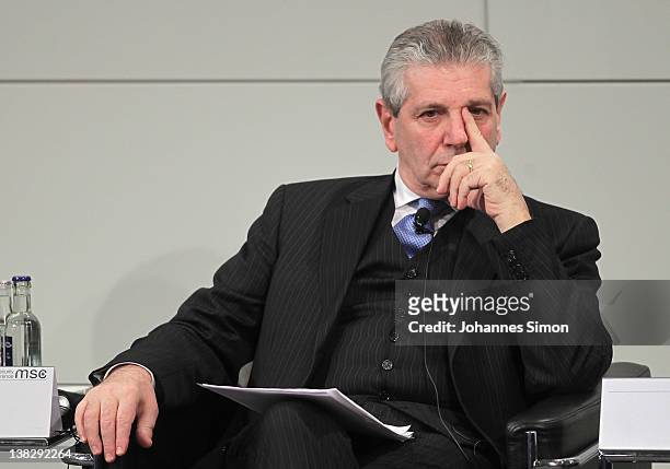 Giampaolo Di Paola, Italian minister of defense, participates in a panel discussion during day 3 of the 48th Munich Security Conference at Hotel...