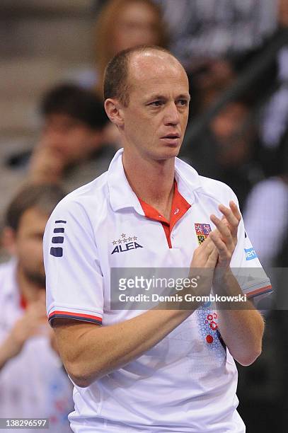 Petr Pala, teamcaptain of Czech Republic reacts during day two of the Federation Cup 2012 match between Germany and Czech Republic at Porsche-Arena...