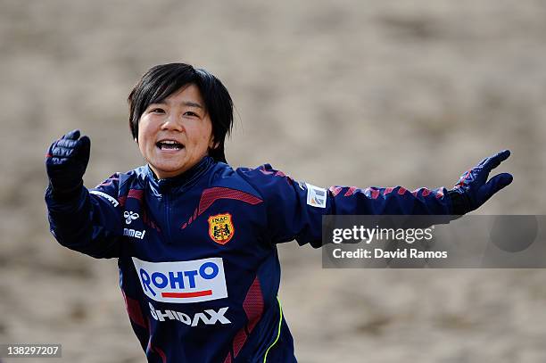 Shinobu Ohno of INAC Kobe Leonessa looks on during a training session at the Club Natacion Barcelona sport complex in La Barceloneta beach on...