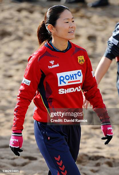 Homare Sawa of INAC Kobe Leonessa Ladies looks on prior to a training session at the Club Natacion Barcelona sport complex in La Barceloneta beach on...