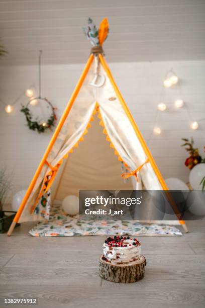 child teepee like a birthday decoration - teepee inside stock pictures, royalty-free photos & images