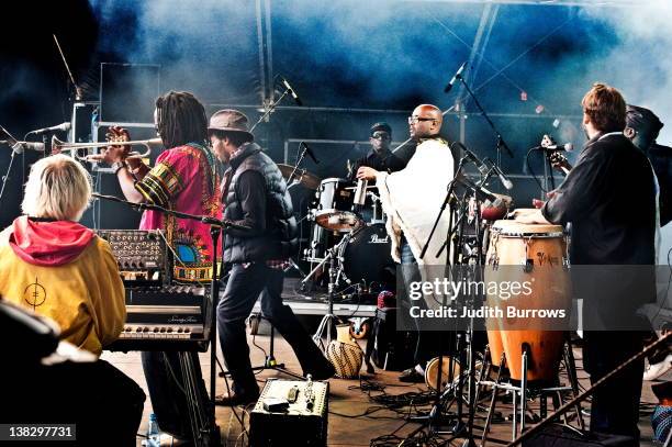 The Tony Allen and Jimi Tenor band performing at the World Village Festival, Helsinki, Finland, 28th May 2011. The group is the result of a...