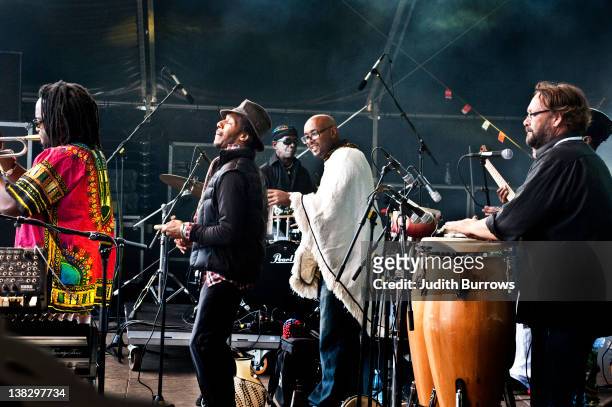 The Tony Allen and Jimi Tenor band performing at the World Village Festival, Helsinki, Finland, 28th May 2011. The group is the result of a...