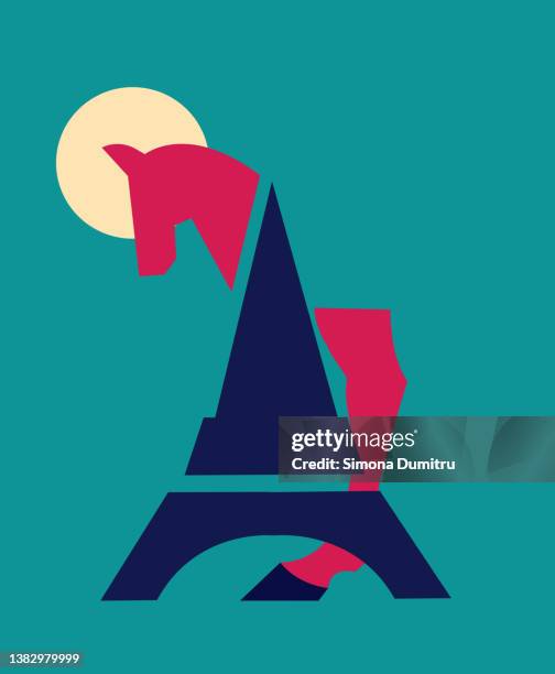 illustration of the eiffel tower with a horse blending with it - horse icon stock pictures, royalty-free photos & images